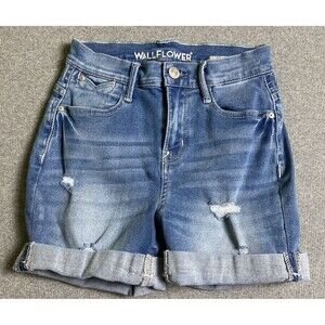 Wallflower denim shorts featuring a cuffed hem and distressed detailing Sz 0